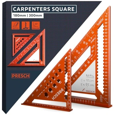 Image of Presch Carpenters Square Set 180mm &amp; 300mm Innovative wipeable note surface Smart drilling guide for exact diameters High precision milled aluminum permanently accurate 90 angles