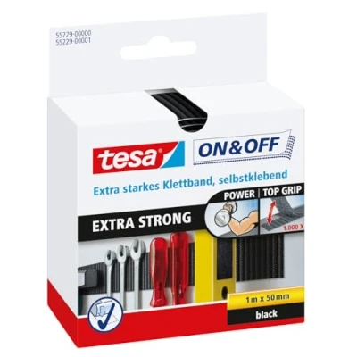 Image of tesa UK On and Off Hook Loop Extra Strong Tape, 1 m x 50 mm Black, 55229 00000 02