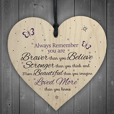 Image of RED OCEAN Braver Stronger Smarter &amp; Beautiful Wooden Hanging Heart Friendship Love Gift Plaque Sign