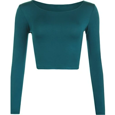 Image of Womens Crop Long Sleeve T Shirt Ladies Short Plain Round Neck Top Teal 12/14