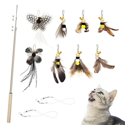 Image of SONGWAY Cat Feather Stick Toy 9 Pcs Insect Shaped Toys Set, 1 Retractable Wand and 8 Refills with Bells, Interactive for Indoor Kitten Exercise Playing
