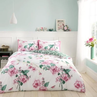 Image of GC GAVENO CAVAILIA Floral Duvet Cover King Size (230x220cm) Polycotton Set 3 Piece Bedding Bed with Pillowcase Washable Linen Pink/Green