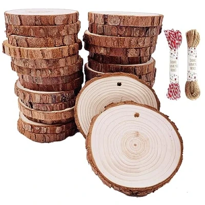 Image of Unfinished Natural Wood Slices 40 Pcs 5 6 cm Coaster Pieces Craft kit Predrilled with Hole Wooden Circles Great for Arts and Crafts Christmas Ornaments DIY Rustic Wedding Orna