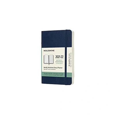 Image of Moleskine 18 Month Weekly Planner/Diary, Pocket Planner 2021/2022, Notebook with Soft Cover and Elastic Closure, Size 9 x 14 cm, Colour Sapphire Blue, 208 Pages