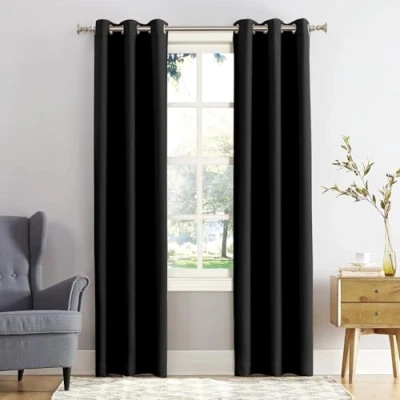 Image of REHAN &amp; CO Blackout Thermal Insulated Curtains Drapes Black out Ring Top Eyelet window curtain 2 panels with Tie Backs for Bedroom, Living Room (Black, W66 x L54)