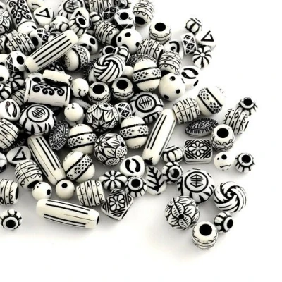 Image of White/Black Acrylic Beads Mixed Shape 15 25mm Pack Of 30g