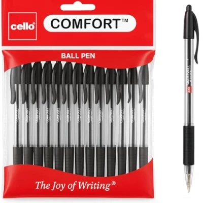 Image of Cello Ballpoint Pen Black Pens Comfort Grip Ball Medium Point Biros,Retractable (1.0MM) Pen, Pack of 12 ideal for office, Home, and School Stationary supplies