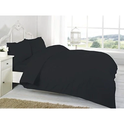 Image of NON IRON Luxury Parcale Plain Dyed Duvet Cover &amp; 2 Pillow Cases Bed Set (Black, Double)