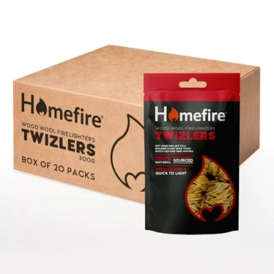 Image of Homefire Natural Odourless Wood Wool Firelighters for Burners, Open Fires, Multi fuel Stoves and Pizza Ovens (Pack of 20, Approximately 400 Twizlers)
