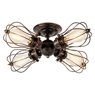 Image of Luling Vintage Ceiling Light Industrial, Chandeliers E27 Socket Metal Wire Cage Lamp Semi Flush Mount Rustic Fixtures (No Bulb) (with 4 Light) (Bronze)