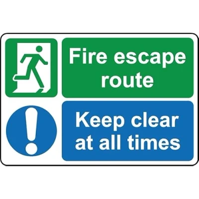 Image of Fire escape route keep clear at all times safety sign Self adhesive sticker (200mm x 150mm)