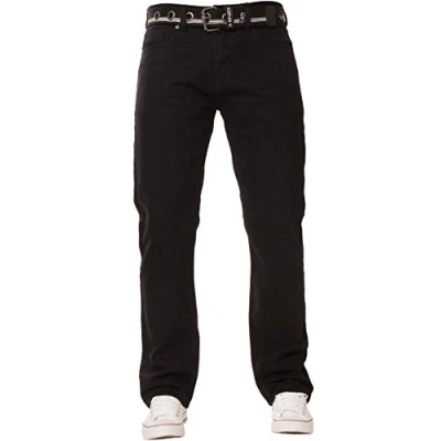 Image of New Mens ENZO Stonewash Straight Regular Fit Classic Basic Denim Jeans Pants with Free Belt (30W x 32L, Black)