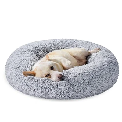 Image of Feandrea Dog Bed, Donut Cat Fluffy Calming Pet Bed with Removable, Washable Cover, Soft Long Plush, 80 cm, Grey PGW040G01