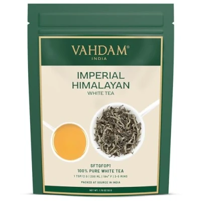 Image of VAHDAM, Imperial White Tea Leaves From Himalayas (25 Cups, 50g/1.76oz) High Elevation Grown, Loose Leaf Pure Unblended Vacuum Sealed