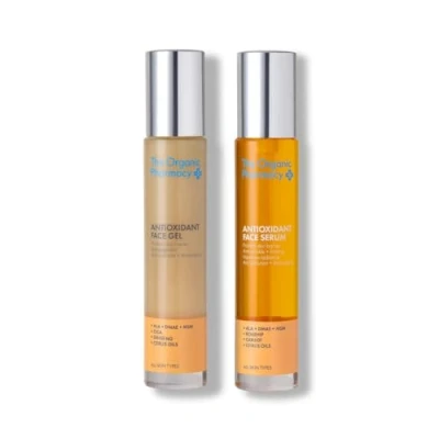 Image of The Organic Pharmacy Antioxidant Face Duo, 35ml x 2* Gel and Serum Duo &quot;Face Lift in a Bottle&quot; Anti ageing action Antioxidants Vitamin Rich Oils Up to 99.8%