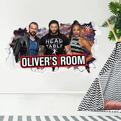Image of WWE Wall Decal Personalised Trio Smashed Vinyl Sticker Kids Mural Art Wrestling (120cm)
