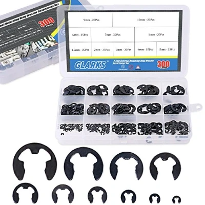 Image of Glarks 300 Pieces 10 Size Black Alloy Steel E Clip External Retaining Ring Washer Assortment Set