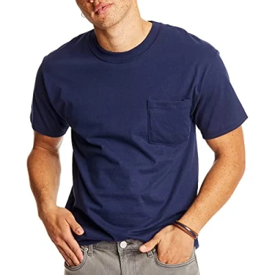 Image of Hanes Mens Short Sleeve Beefy T with Pocket Shirt Blue
