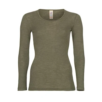Image of Engel Women&#039;s Long Sleeve Virgin Wool Silk Classic Vest, olive, 12 UK/14 UK