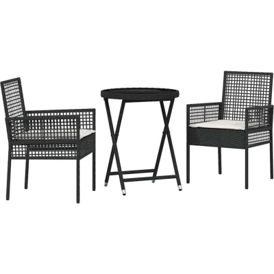 Image of vidaXL 3 Piece Garden Bistro Set with Cushions Black Poly Rattan