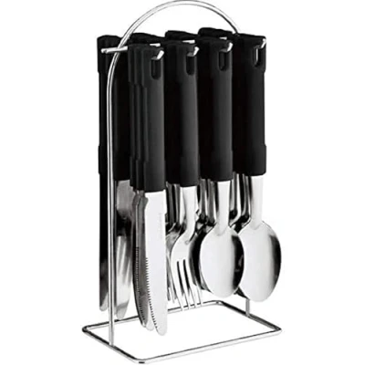 Image of New 24PC Cutlery Dinner Set Stainless Steel Metal Stand Rack Forks Tea Spoons (Black)