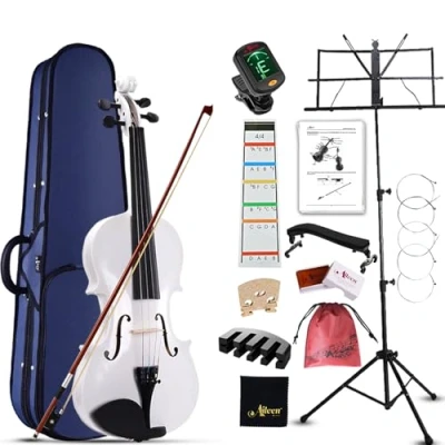 Image of Aileen 4/4 Full Size Violin for Adults Beginners, Fiddle Starter Kit Kids Age 12+, White Set Student with 13 Accessories, including Music Stand, Exclusive New Fingerboard Sticker, Mute