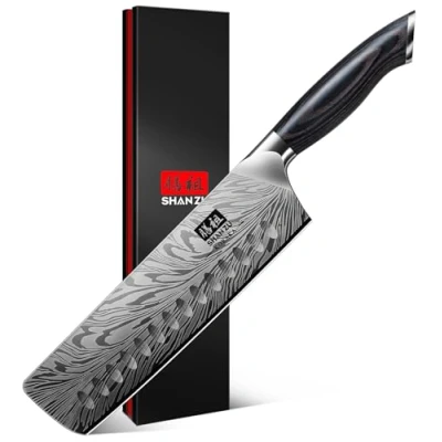 Image of SHAN ZU Japanese Nakiri Knife in Powder Steel, 18 cm Kitchen Knives High Carbon 63 HRC Vegetable Chopper Professional 12Sharp Blade Chef with Ergonomic Pakkawood Handle
