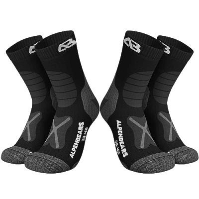 Image of Alpen Bears Merino Wool Hiking Socks (2 Pair) For Men, Women &amp; Kids Warm, Moisture Wicking, Anti Blister Trekking All Outdoor Adventures (Grey Black, 39 42)