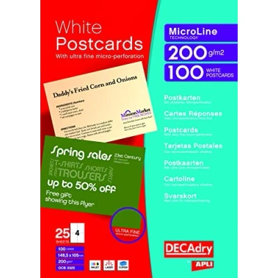 Image of DECAdry White Postcards 200gsm Microperforated 4 per A4 Sheet 148.5x105mm Ref OCB3325 [Pack of 100 Cards]
