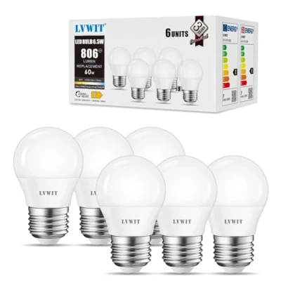 Image of LVWIT E27 Edison Screw Golf Ball Bulb, 6.5W G45 Super Bright LED Mini Globe Bulb 60W Equivalent, 806 Lumen Warm White 2700K Bulbs,220 240V, Non Dimmable, 6 Pack