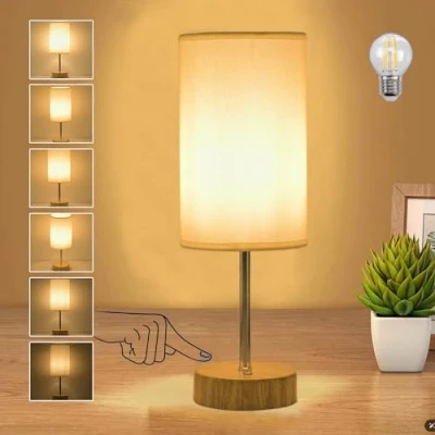 Image of YOIZO Rechargeable Cordless Table Lamp 5000mAh Battery Operated with Brightness Memory, Portable Dimmable Touch Bedside Lamps Flaxen Fabric Shade for Living Room, Bedroom, Indoor Wood