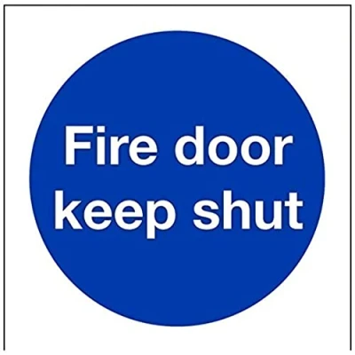 Image of V Safety 18001AE R Fire Door Keep Shut Mandatory Sign Square 80mm x 1mm Rigid Plastic, Blue