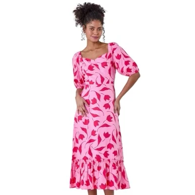 Image of Dusk Womens Floral Print Frill Hem Midi Dress Pink Size 10 UK