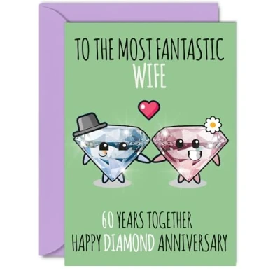 Image of Cute Diamond Anniversary Card for Wife 60 Years Together Happy 60th Wedding Cards from Husband, A5 Greeting Sixtieth Anniversaries