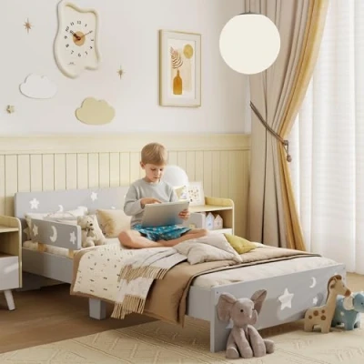 Image of ZONEKIZ Kids Toddler Bed Children&#039;s Bedroom Furniture w/Star and Moon Patterns, Side Rails, for Boys, Girls, Ages 3 6 Years, 143 x 76 49cm Grey