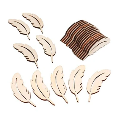 Image of VOANZO 25pcs Wooden Shaped Feather Ornament Unfinished Wood Slices for DIY Craft Party Wedding Decor Accessories
