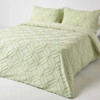 Image of HOMESCAPES Super King Size 100% Cotton Sage Green Tufted Duvet Cover Set with Geometric Diamond Textured Pattern 180 Thread Count Pure Soft Quilt Pillowcases