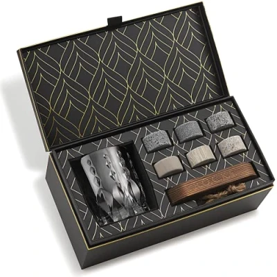 Image of Whiskey Stones &amp; World’s First Eco Crystal Glass Gift Set 6 Handcrafted Granite Round Sipping Rocks European Crafted Monarch Tumbler (340ml) Hardwood Presentation Tray Gold Foil Box