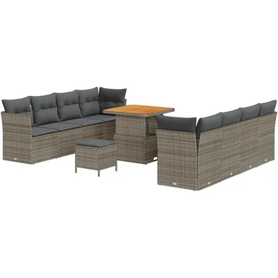 Image of vidaXL 11 Piece Garden Sofa Set with Cushions Grey Poly Rattan Acacia
