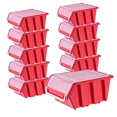 Image of KADAX Stacking Boxes, Plastic Tool Organiser with Lids, Durable Storage Containers for Screws, Workshop Display Bins (Red, Set of 10, 155 x 100 mm)