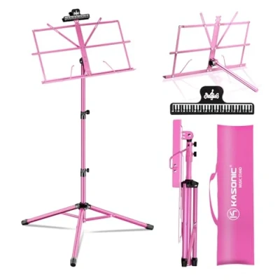 Image of K Kasonic Lightweight Music Stand, 2 in 1 Collapsible Stand with Sheet Clip, Portable Carrying Bag for Performances, Tripod Musical Needs, Pink