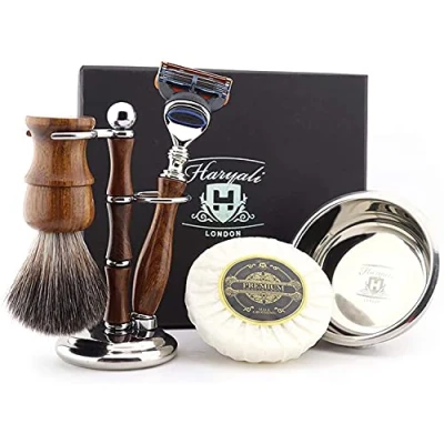 Image of Shaving Kit 5 Pc Wooden Edge Blade Razor Super Badger Hair Brush Soap Bowl Stand