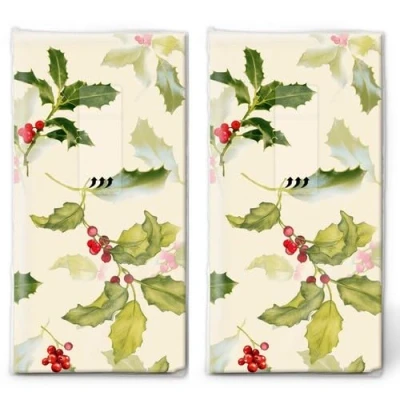 Image of 20 Individual Handkerchiefs Christmas Ilex Scattered 2 Packs of 10 Paper Printed Gift