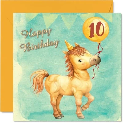 Image of 10th Birthday Card Girl Fantasy Unicorn for 10 Year Old Girl, Age Girls Cards, 145mm x Cute Ten Tenth Greeting