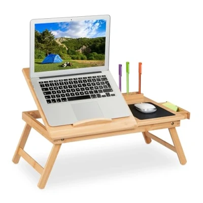 Image of Relaxdays Laptop Stand, Couch, Foldable Bed Table, HBT: 17.5x62x34 cm, Bamboo, with Drawer, Natural, 17.5 x 34 62 cm