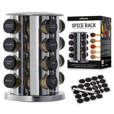 Image of edihome, Spice Rack, 16 Spices Canisters, Rotating, Kitchen organiser, with Individual Lids and Dispensers, 360º, Labels for Pen Included