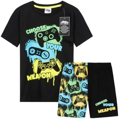 Image of CityComfort PJs for Boys &amp; Teenagers Short Pyjamas Set Loungewear Soft Gamer Nightwear Breathable Summer Sleepwear Gaming Gifts (7 8 Years, Black/Multi)