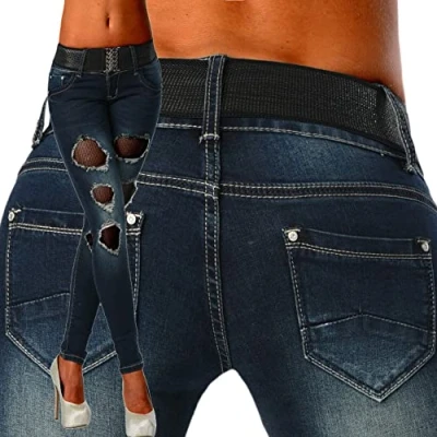 Image of Red Seventy Women&#039;s Skinny Ripped Distressed Mesh Insert Low Waist Jeans Blue Belted (12)