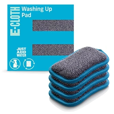 Image of E Cloth 4 pack Washing Up Pad, Microfibre Non scratch Kitchen Dish Scrubber Sponge, Efficiently Cleans Dish, Sink and Countertop Cleaning, Washable Reusable, 100 Wash Promise, Blue