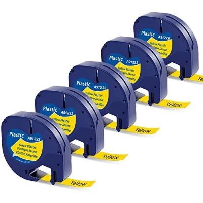 Image of MarkField Compatible Labels Tape Replacement for Dymo Letratag Plastic Yellow Recharge 91202 S0721650 Work Band LT 100H 100T 110T QX50 XR XM 2000 Plus, 12mm x 4m, 5 Pack